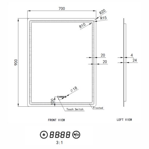 Welland Type-20V LED tükör - fényerő + színhőfok állítás + páramentesítő + óra - 70 x 90 cm