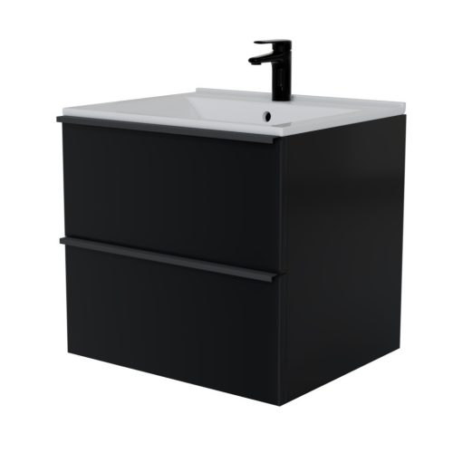 Intenso fiókos fürdőszobabútor mosdókagylóval és faliszekrénnyel - 50 cm (magasfényű fekete)