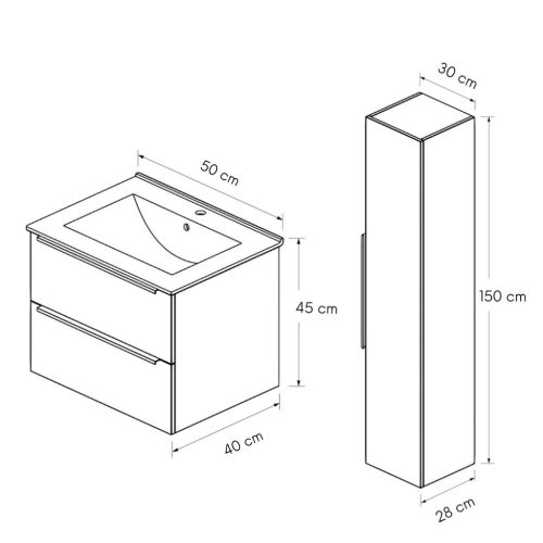 Intenso fiókos fürdőszobabútor mosdókagylóval és faliszekrénnyel - 50 cm (magasfényű fekete)