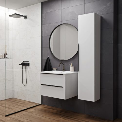 Intenso fiókos fürdőszobabútor mosdókagylóval és faliszekrénnyel - 50 cm (magasfényű fehér)