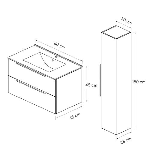 Intenso fiókos fürdőszobabútor mosdókagylóval és faliszekrénnyel - 80 cm (magasfényű fehér)
