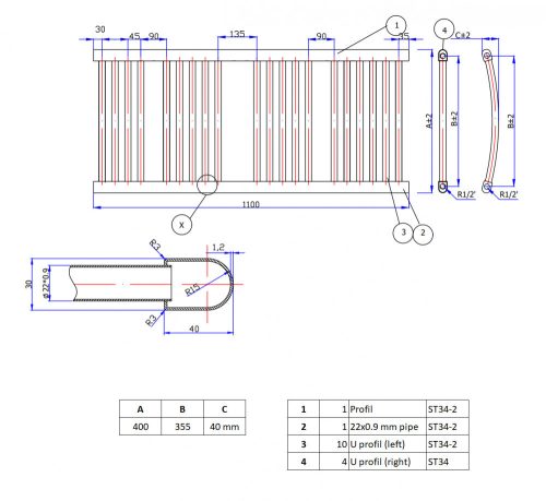 törölközőszárító radiátor 40 x 110 cm (szürke)
