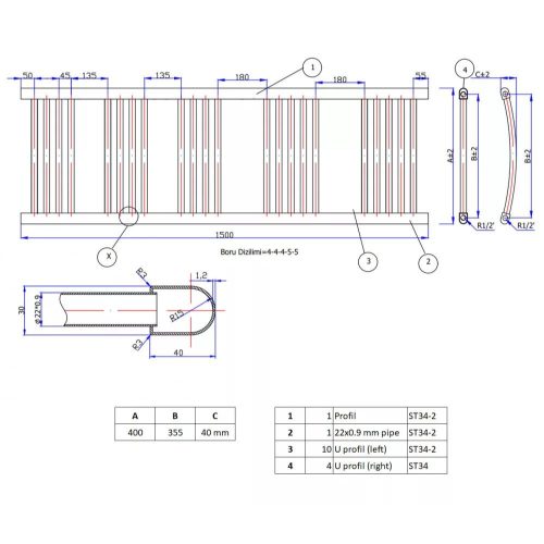 Törölközőszárító radiátor elektromos fútőpatronnal 40 x 150 cm - Nero Italia 400W (fekete)