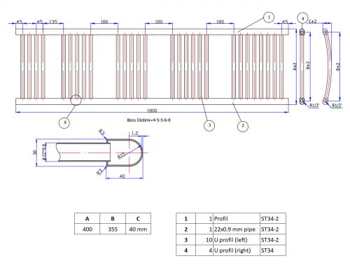Fekete törölközőszárító radiátor 40 x 180 cm