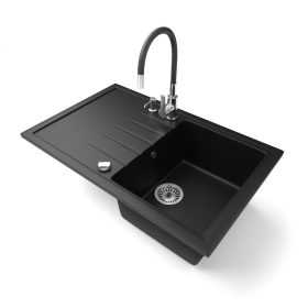   Gránit mosogató NERO Eris + flexibilis csaptelep + dugókiemelő (matt fekete)
