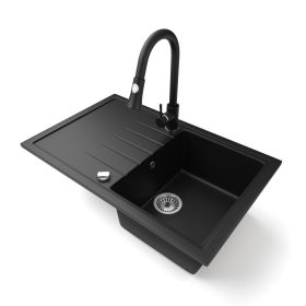   Gránit mosogató NERO Eris + kihúzható zuhanyfejes Snake csaptelep + dugókiemelő (matt fekete)
