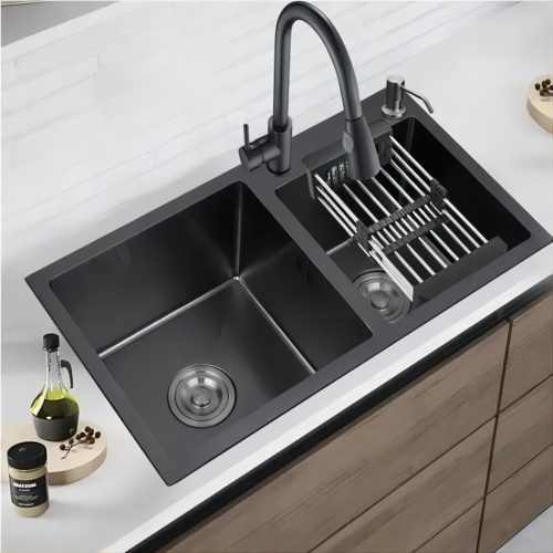 Acél mosogatótálca Nero Italia 78 x 43 cm + szárítókosár + szifon - fekete