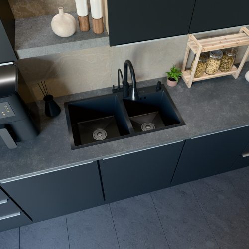 Acél mosogatótálca Nero Italia 78 x 43 cm + szárítókosár + szifon - fekete