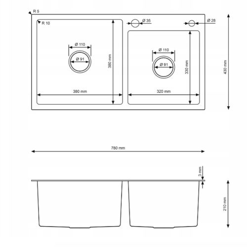 Acél mosogatótálca Nero Italia 78 x 43 cm + szárítókosár + szifon (inox)