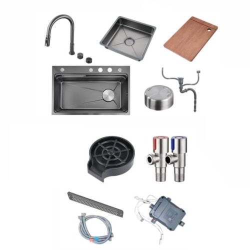 Acél mosogatótálca szett csapteleppel + vízesés modul + pohármosó - 75 x 46 cm