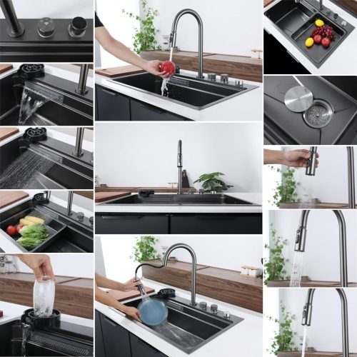 Acél mosogatótálca szett csapteleppel + vízesés modul + pohármosó - 75 x 46 cm