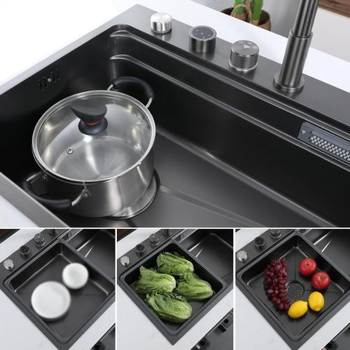 Acél mosogatótálca szett csapteleppel + vízesés modul + pohármosó - 75 x 46 cm