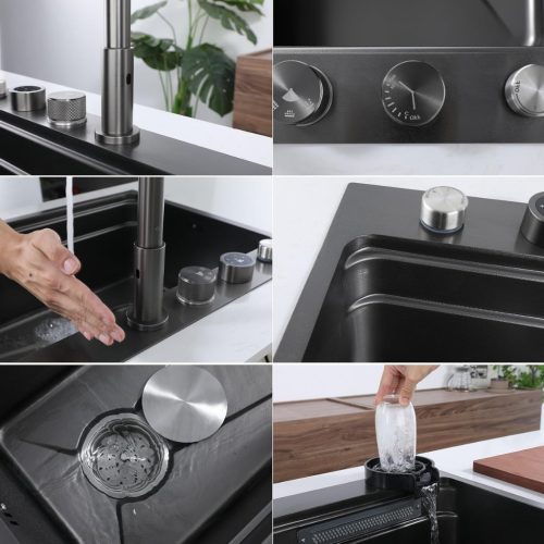 Acél mosogatótálca szett csapteleppel + vízesés modul + pohármosó - 75 x 46 cm