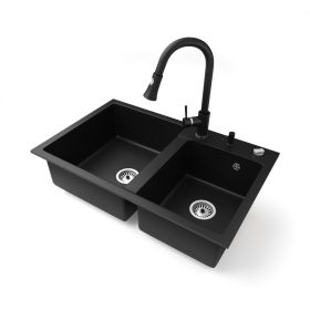   Gránit mosogatótálca NERO Palazzo + Snake csaptelep + adagoló + dugókiemelő (matt fekete)