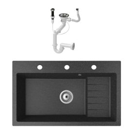   Gránit mosogató NERO Boss + szifon dugókiemelővel (fekete)