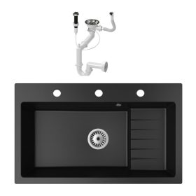   Gránit mosogató NERO Boss + szifon dugókiemelővel (matt fekete)
