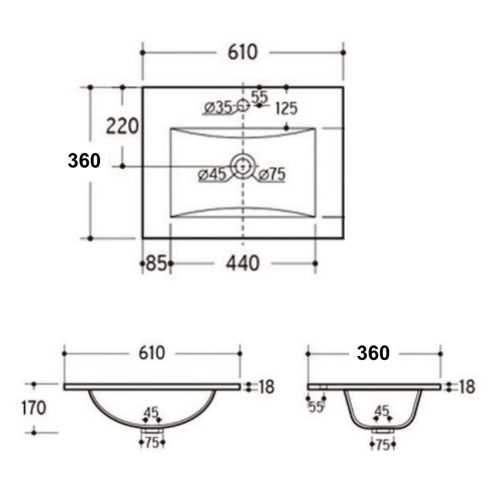 Welland Formia-60-36 fürdőszobabútorra szerelhető mosdókagyló - 61 x 36 cm